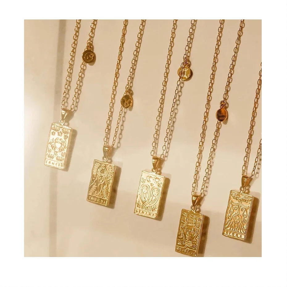 

2021 New Stainless Steel Gold Plated Square Engraved 12 Zodiac Sign Necklaces For Men, Picture color or custom color