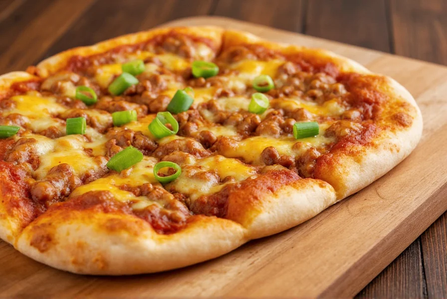 Homemade chili pizza with melted cheese, chili con carne topping, and fresh green onion garnish on wooden cutting board
