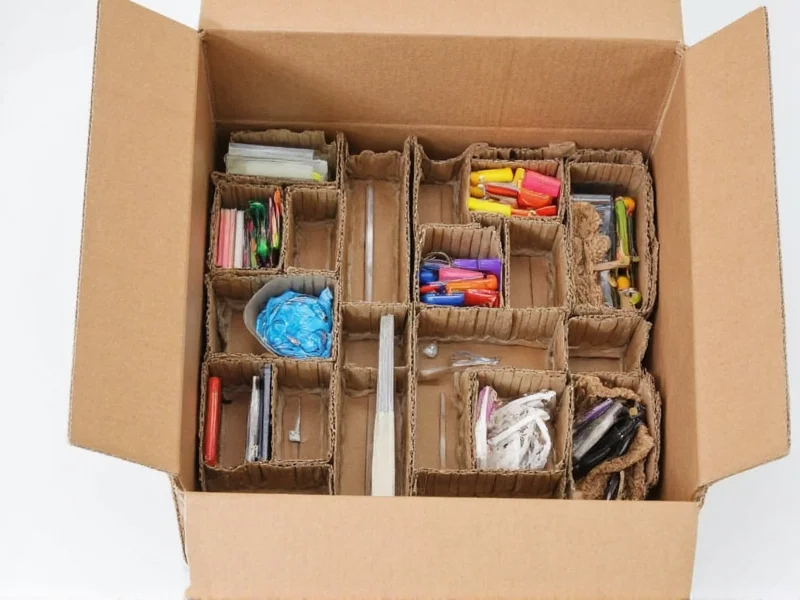 DIY craft box made from recycled cardboard with organized compartments