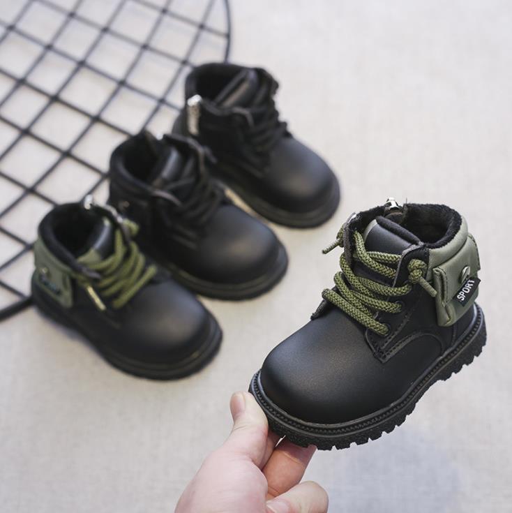 

Wholesale Baby Leather Sneaker Shoes Warm Snow Boots Kids Martin Boots Autumn Winter New Toddler Baby Soft Bottom Short Boots, Red/green