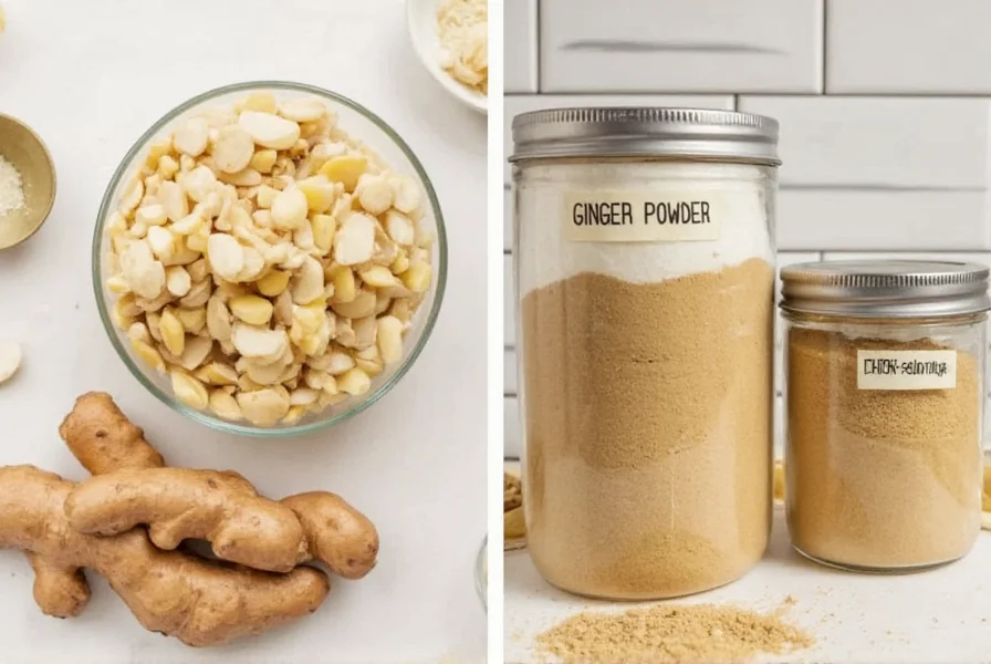 Proper storage methods for fresh ginger root and ground ginger powder in labeled containers