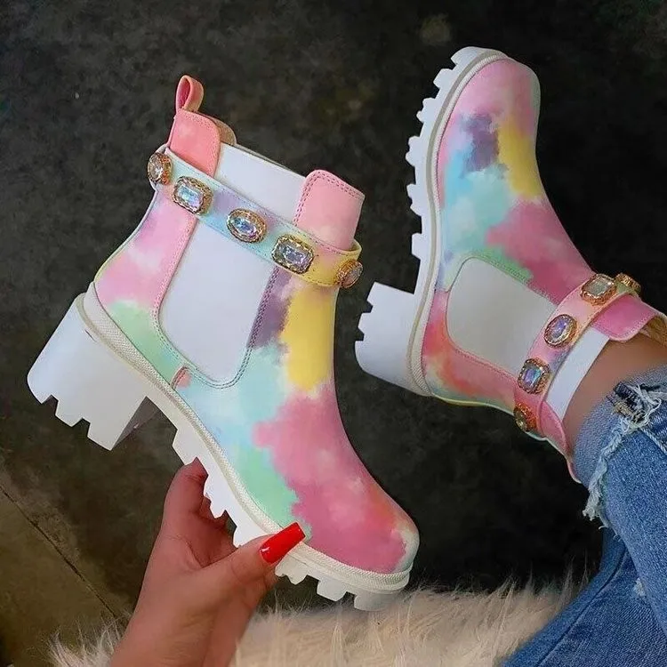 

Women Shoes Winter Tie Dye Martens Boots Leather Snow Platform Ankle Women Chunky Heel Boots, Black,white,multi