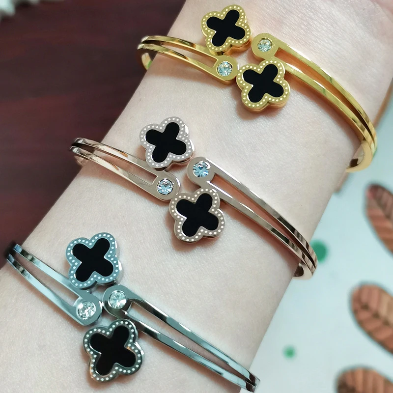 

Fashion Luxury Classic Four Leaf Clover Cuff Bracelets Stainless Steel Designer Charm Flower Bracelet Women Jewelry, 3 colors to choose