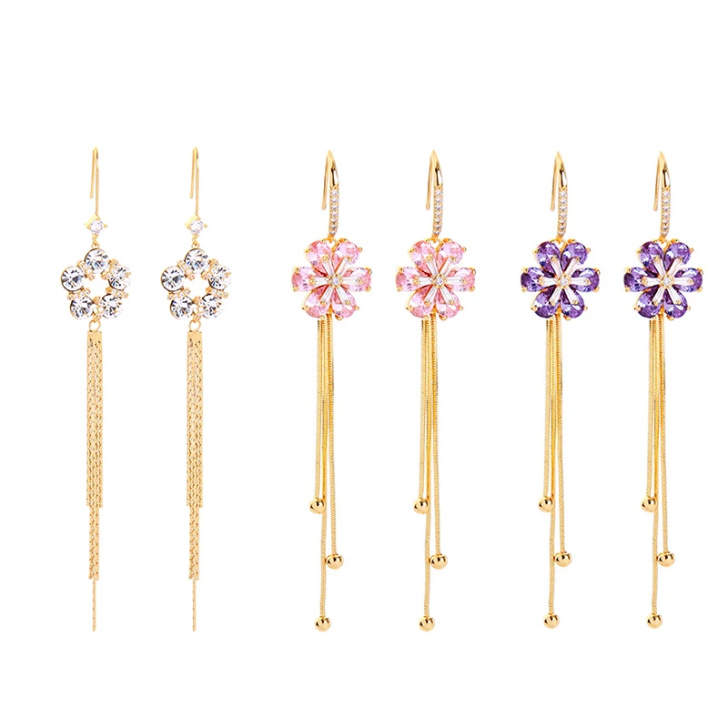 

90071 Simple Lovely Colorful Zircon Flower Metal Tassel Gold Plated Copper Earring Hook 2021, As pictures