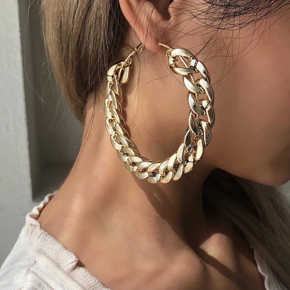 

Vintage Exaggeration Big Circle Chain Hoop Earrings For Women Gold Round Loop Earring Jewelry (KER563), Same as the picture