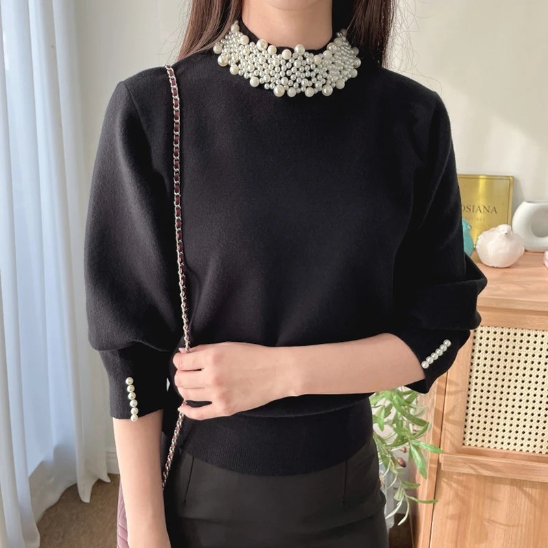 Wholesale 2026 Autumn New Retro Heavy Industry Pearl Half High Neck Design Loose and Casual Versatile Women's Sweater
