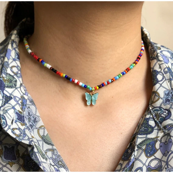 

Ins style cute bow butterfly pendant niche Rainbow colors rice bead necklace student girlfriend choker clavicle chain, Gold