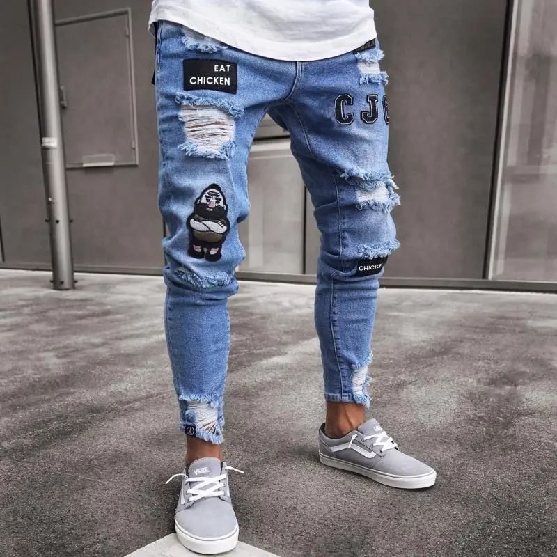 

2021 Hip-hop wholesale men jeans ripped hollow out embroidery print long pants plus size available, As picture