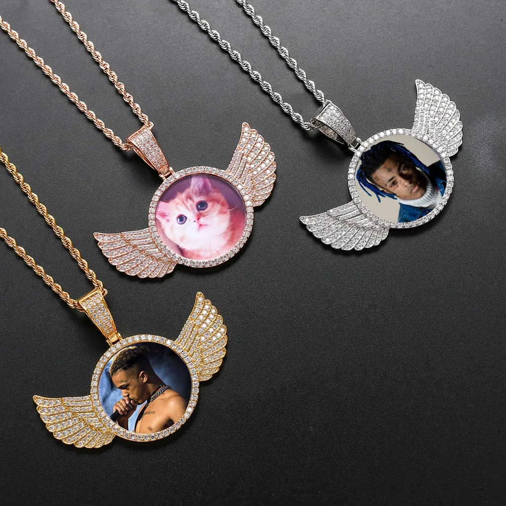 

Hip hop Necklace Angel Wings Round Photo Frame Pendant Creative DIY Copper Micro-inlaid Zircon Necklace (KHP070), As picture