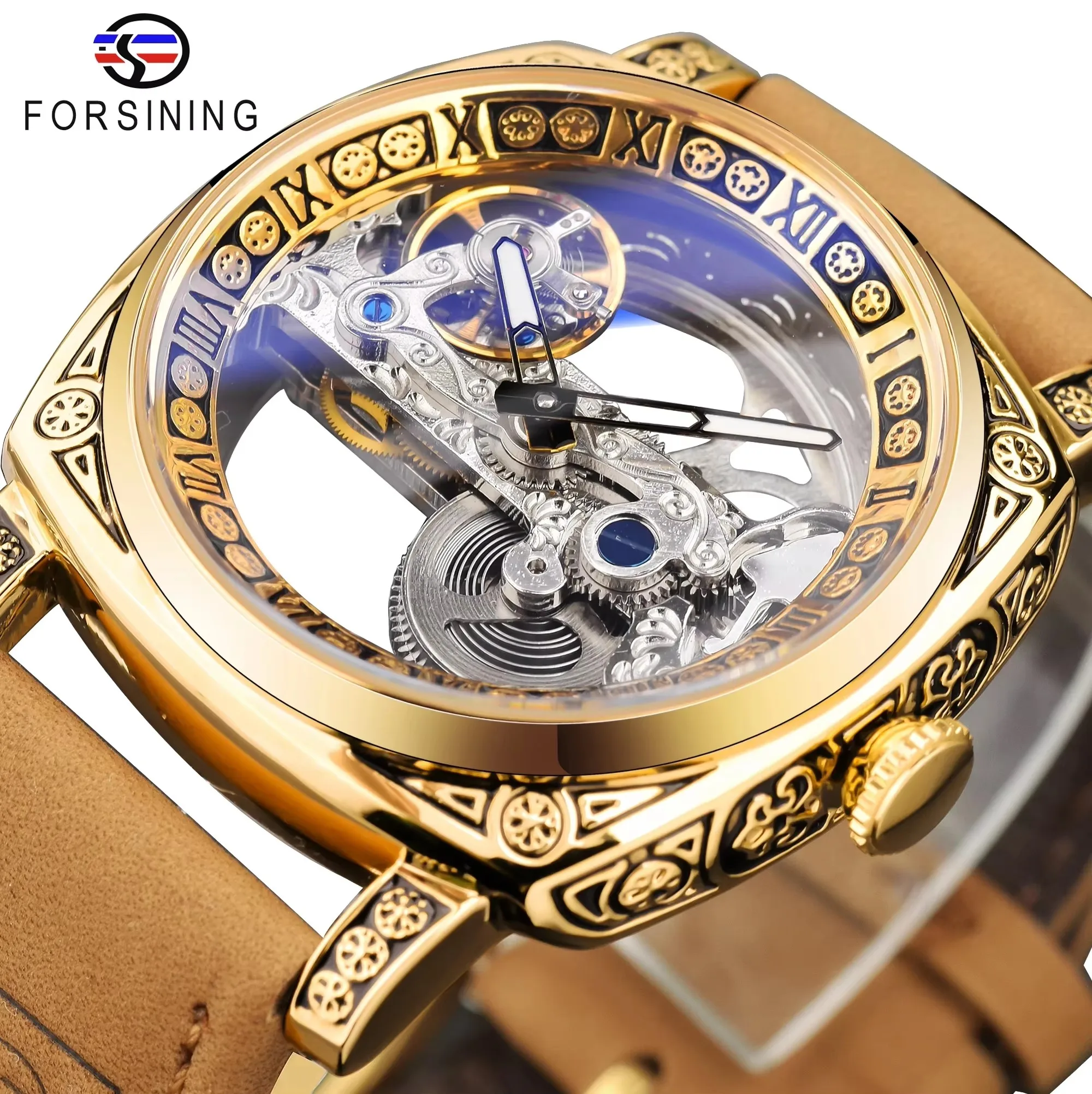 Forsining Top Men's Wristwatch Mechanical Skeleton Hollow Tourbillon Leather Strap Stainless Steel Band Glass Dial Hot Sale