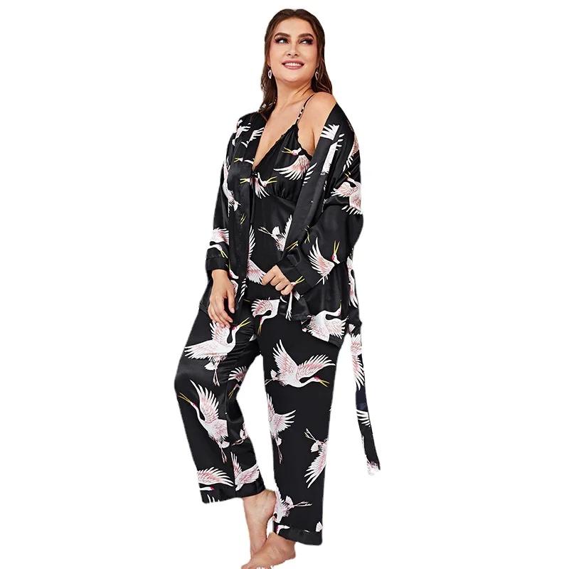 

Women's silk pajamas spring summer suspender pants outer robe three piece set large ice silk plus size pajamas