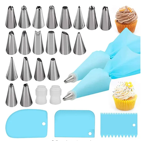 Piping Bags and Tips Set,Omini Cake Decorating Kits with 14 Stainless Steel Baking,2 Reusable Silicone Pastry Bags,3 Icing Smoother 2 Couplers,2 Ties&2 Cupcakes for Baking Decorating Cake,25 Pcs 