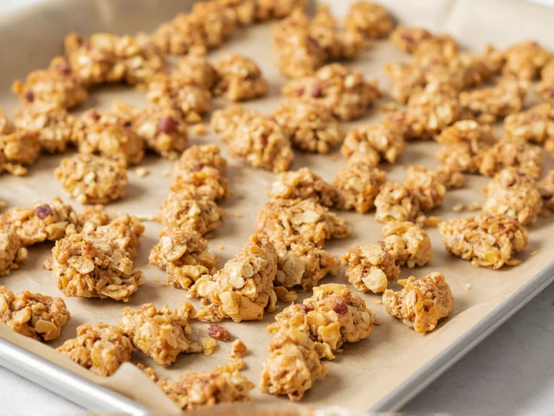 Homemade granola baking process showing golden clusters on parchment paper