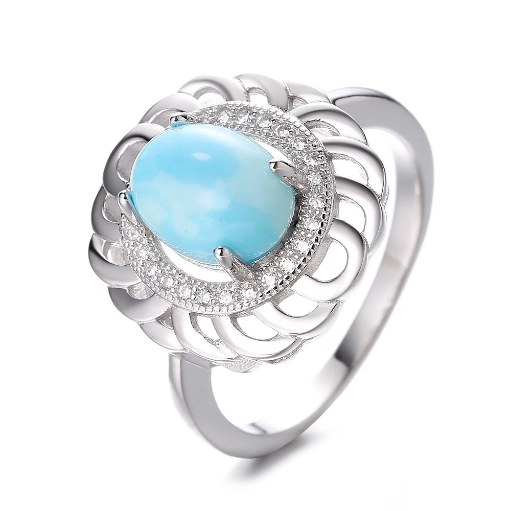 

Beautiful Larimar Round Shape Gemstone 925 Sterling Silver Rings Jewelry Gorgeous Sky Blue Gemst