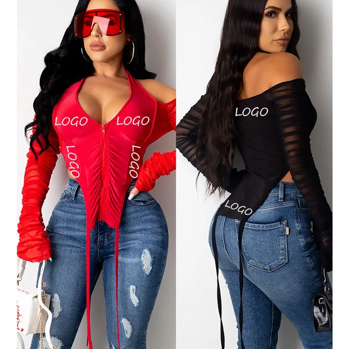 

Free Shipping female fashion clothes latest designs necktie zipper pleated long sleeved off shoulder tops ribbon T shirt, Multi color optional