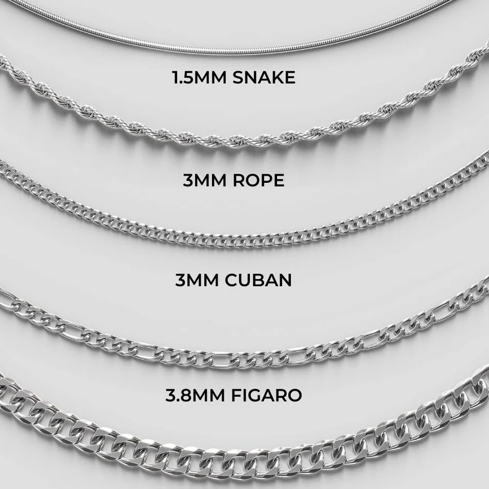 

Wholesale Fashion Jewelry Stainless Steel 1.5-5mm Snake Chain Rope Chain Figaro Cuban Link Necklace 16-18-24 Inch Necklace Chain, Silver/gold