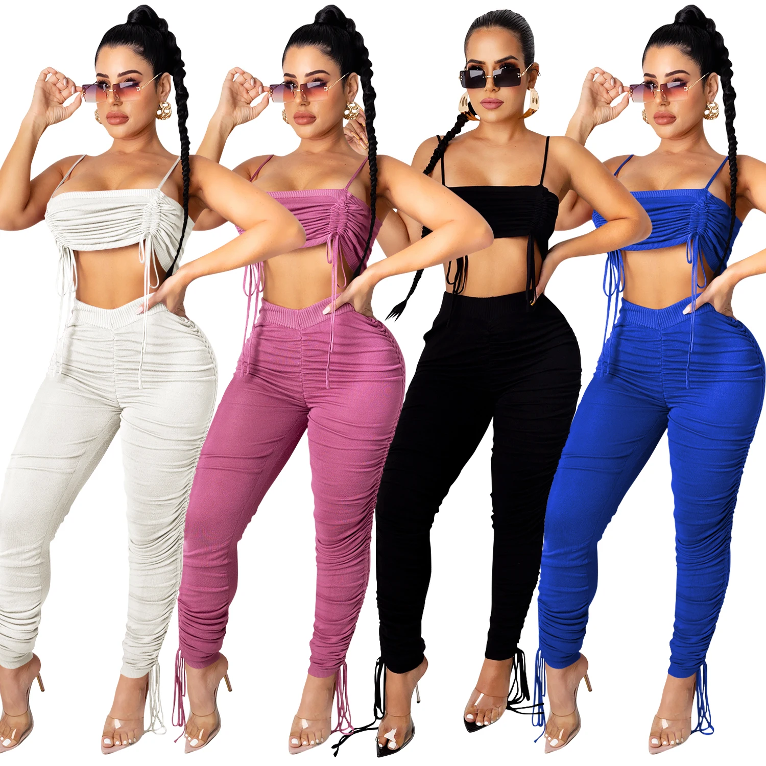 

YD-X3720 women ladies clean color bandage drawstring sexy crop top 2 piece set