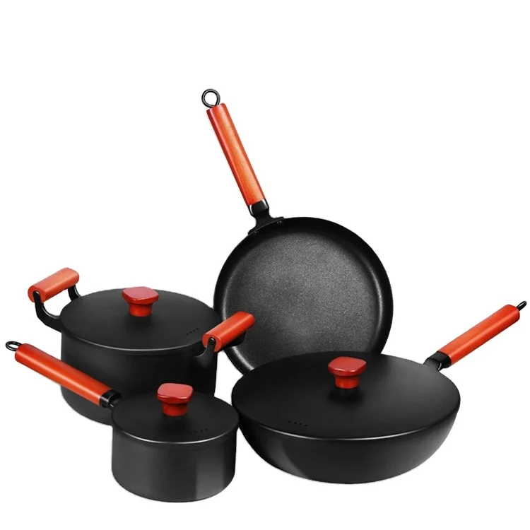 

Cast Iron non stick cookware sets kitchenware with soup pot milk pot frying pan and wok pan, As same as pictures