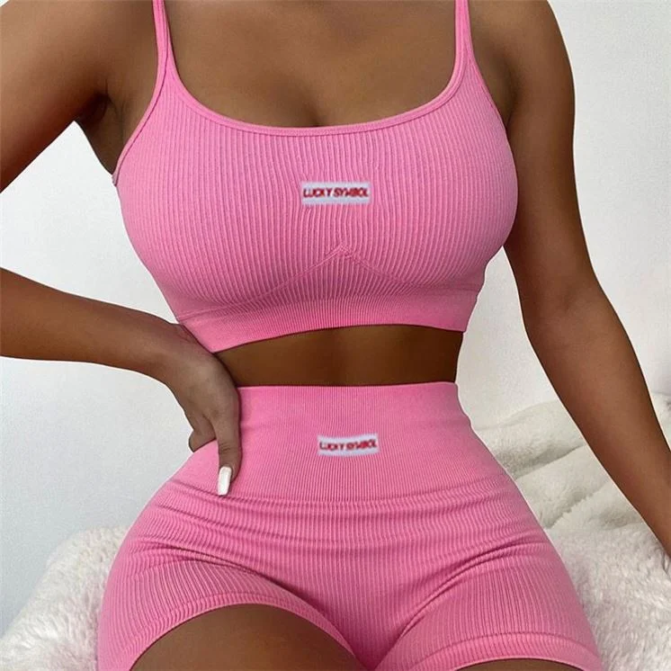 

Summer Sets Wholesale Customs Logo Casual Ribbed Outfits Tracksuits Yoga Camis Crop Top Shorts Pants Two Piece Set For Women, White, black, pink