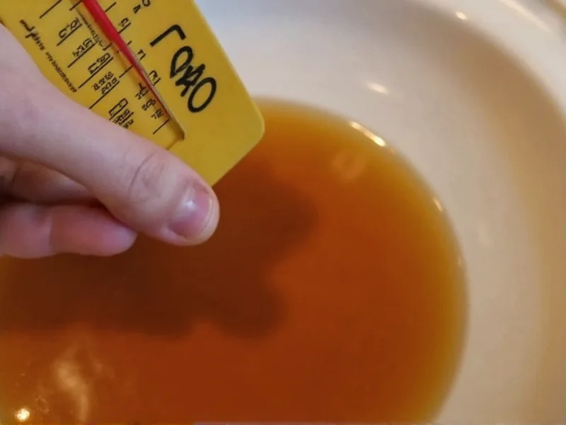 Candy thermometer showing 240 degrees in syrup