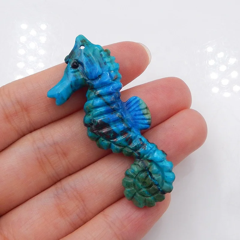 

Chrysocolla Gemstone Seahorse Fish Design Pendant Rough Gem Polished Natural Stone Components 51x23x7mm 6.4g