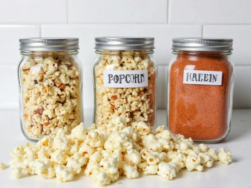 Homemade popcorn seasoning storage jars with labels