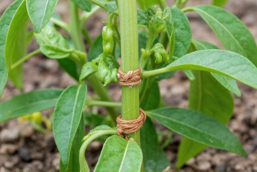 Proper staking technique for bell pepper plants showing figure-eight tie method with soft plant ties