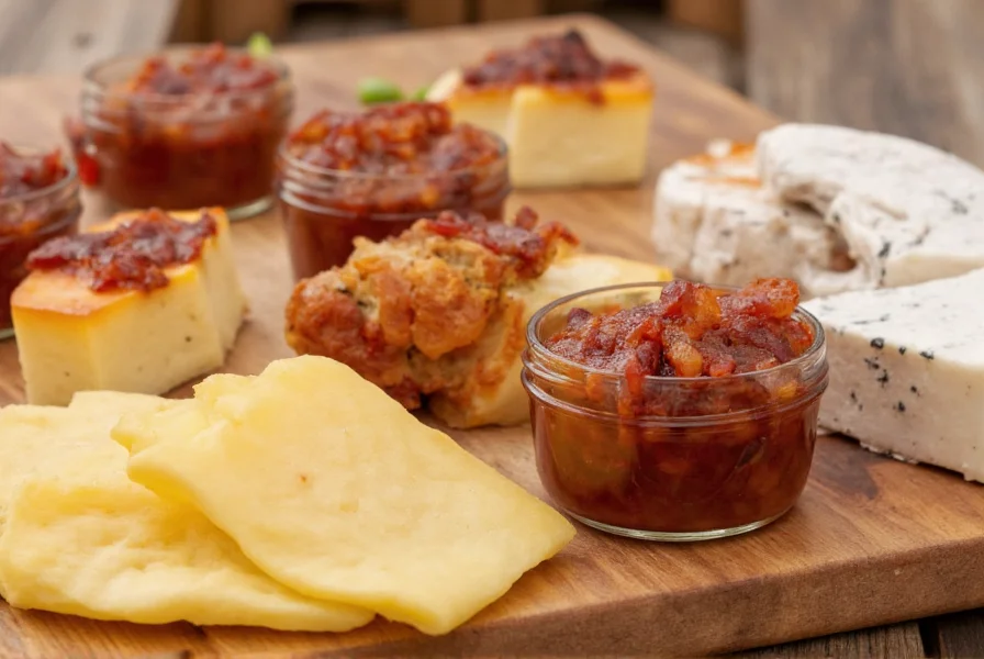Hot pepper bacon jam served with assorted cheeses on wooden board