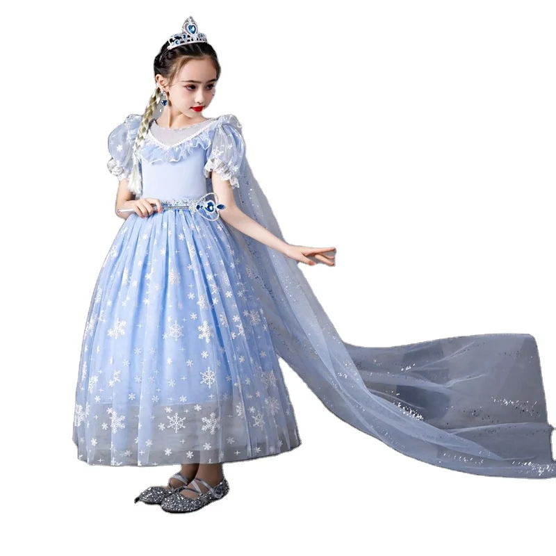 

High Quality Snow Girls Princess Costume Halloween Carnival Children Dress up Kids Dresses for Girls Clothing Size 2-10 Years, Sky blue