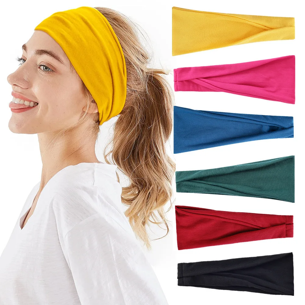 

Plain Color Sports Yoga Hairband Polyester Running Fitness Workout Wide Edge Elastic Headband For Women