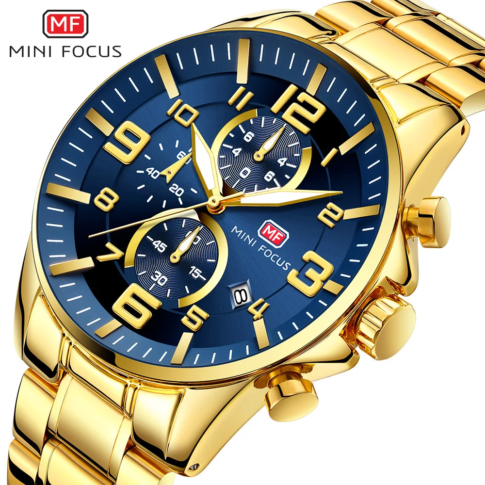 

MINI FOCUS 0278G Top Luxury Men's Watches with Stainless Steel Band Fashion Casual Calendar Quartz Watch Gold Wrist Watch Reloj