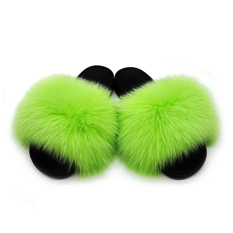 

Solid Color Furry Slippers Women Summer Furry Sandals Flip Flops Female Shoes Mules Plush Real Fur Slides