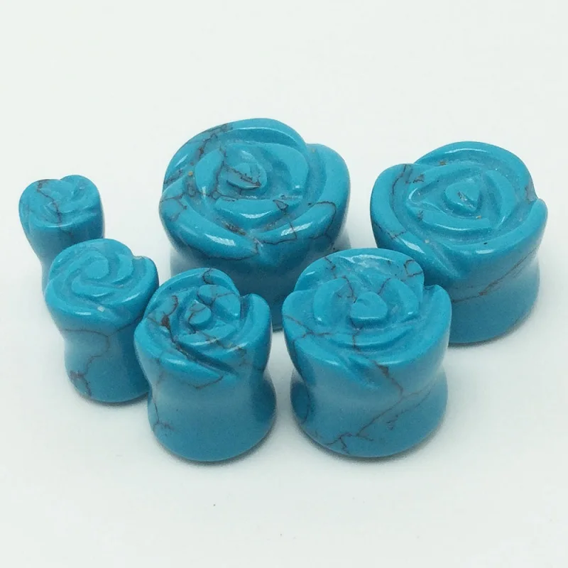 

Wholesale New Arrival Fashion Earrings Ear Plugs Piercing Gemstone Flower Rose Craved Blue Turquoise Plugs Expansion Kit Pie