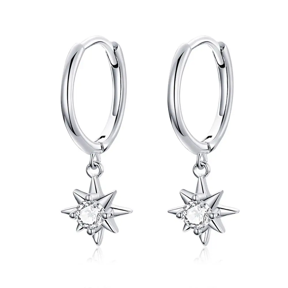 

New Arrival Hoop Earrings with Charm Genuine 925 Sterling Silver Bright Stars Earings
