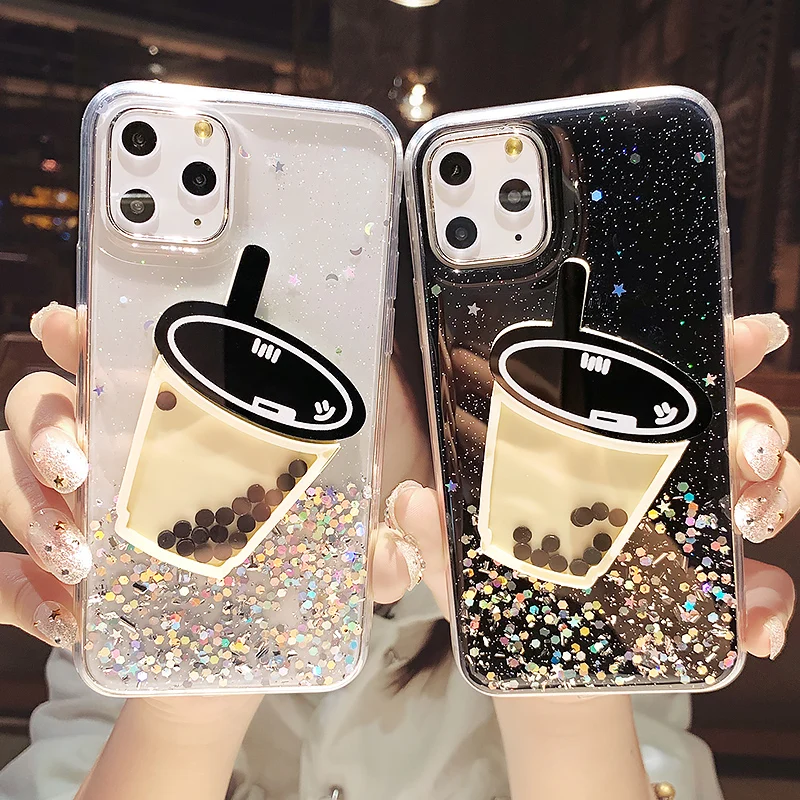 

3D pearl milk tea cup glitter soft phone case for iphone 11 Pro Max X XR XS 6 7 8 plus cute cover for samsung S8 S10 S9 Note