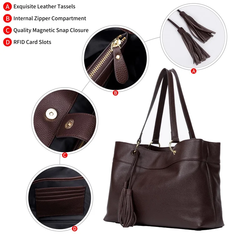 

Cowhide Leather Big Size Tote Handbags Female Customized Logo Shopping Shoulder Bag With Tassel, Black/any customized colors