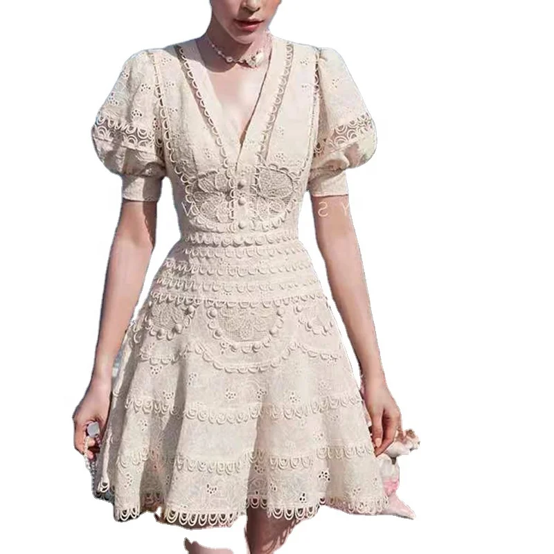 

Fashion Summer New Lace Hollow Design V-neck Puff Sleeve French Dress