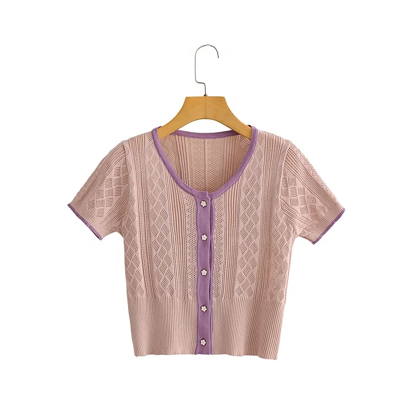 

2021 New women knitwear fashion crew-neck hollow out with flower buttons knitted sweater female chic cardigans