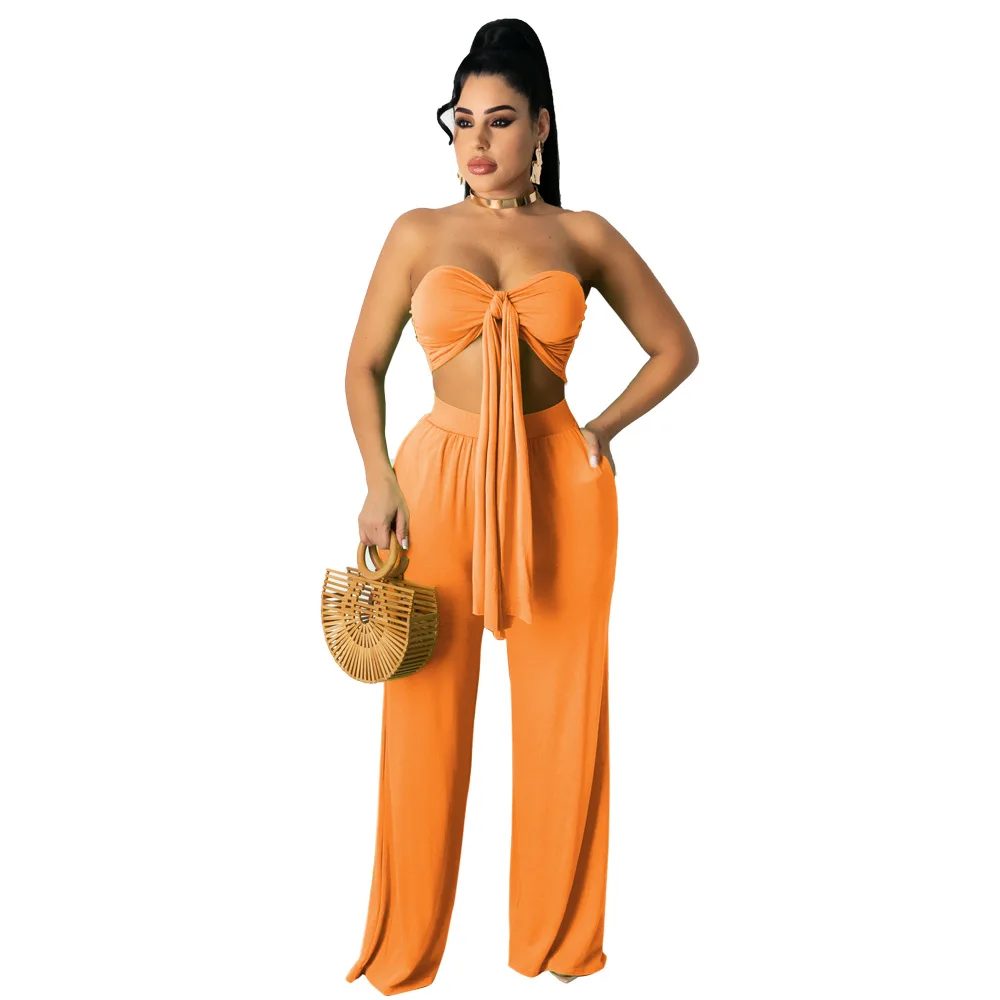 

XUQING 2021 Wholesale women cute summer outfits two piece sexy bandage top wide high waist leg pants set, Photo shows