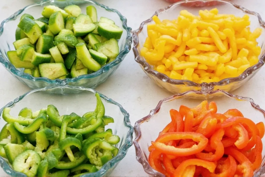 Various bell pepper cuts displayed in separate bowls showing dice, julienne, rings, and chunks