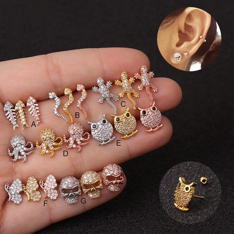 

YICAI 20G Clear Cz Snake Octopus Skulls Cartilage Stud Earring Tragus Rook Conch Butterfly Stainless Steel Ear Helix Piercing, Silver,yellow gold, rose gold