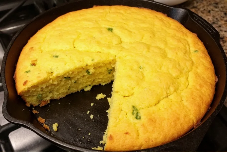 Cast iron skillet with golden green chili cornbread fresh from the oven, showing moist crumb and visible green chili pieces