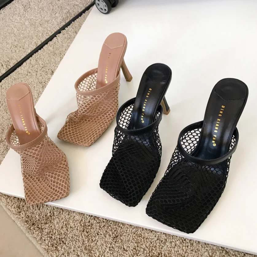 

Square Toe Fashion 2021 Products Mesh Sandals Ankle Gold Luxury Heels Ladies High Heels shoes for women, Black, apricot