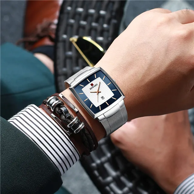 

Nouvelle vente chaude mince ceinture en maille calendrier etanche montre a quartz montre Square carree