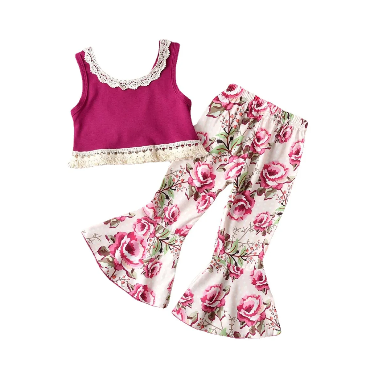 

girl summer outfits sets bell bottom two piece set sport Casual Printed Floral kids clothing