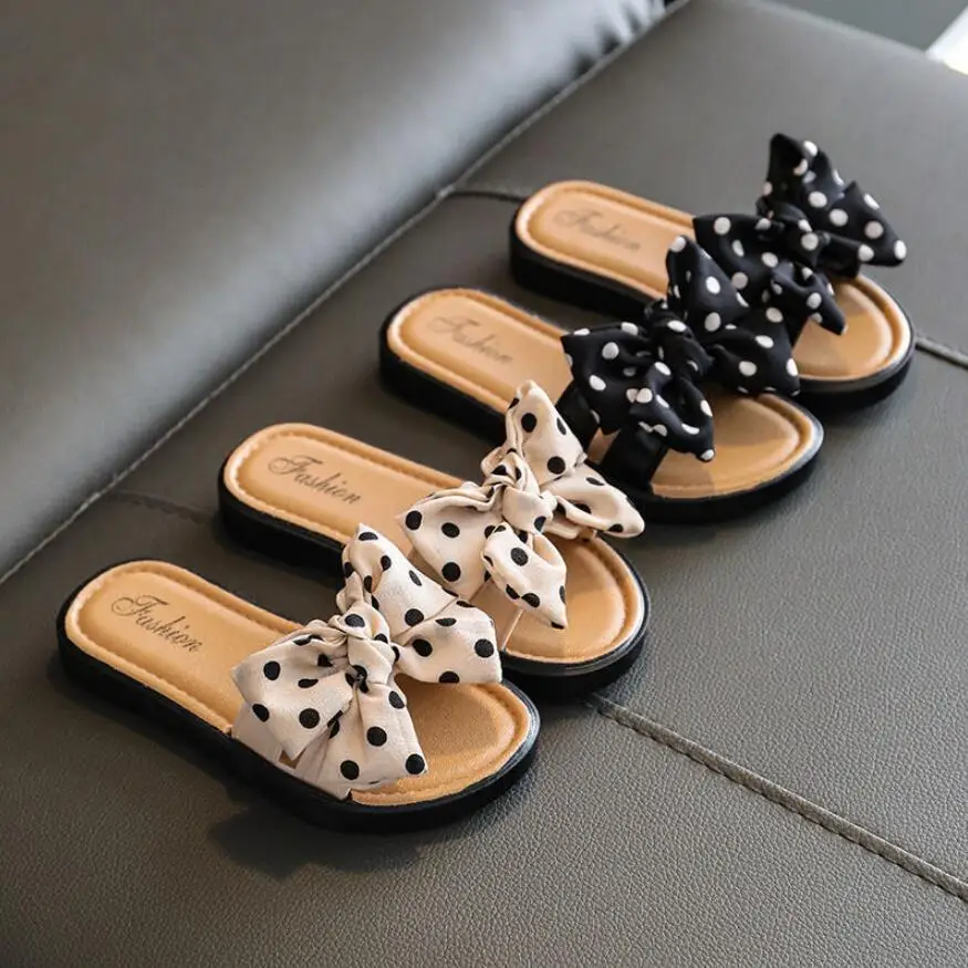 

2022 New Arrival Girl Casual Shoes Cute Bow-knot Dot PVC Flat Slides Kids Beach Slip-on Children Sandals Slippers, Black beige