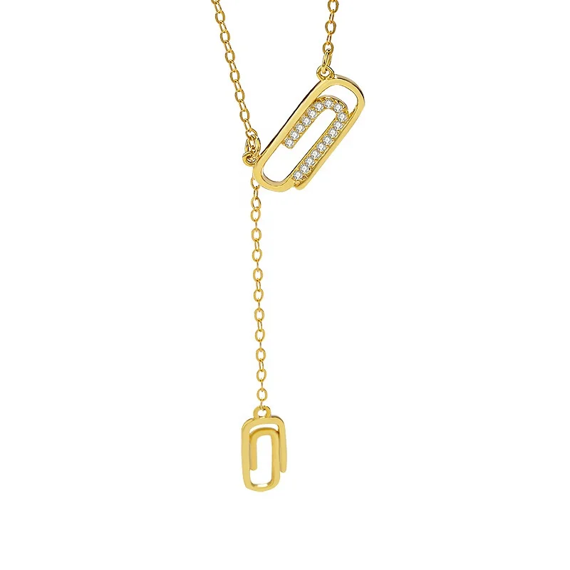 

Chinese Valentine's Day Gift Paper Clip Necklace Shaped Plated 18K Gold 925 Sterling Silver Jewelry, White, gold