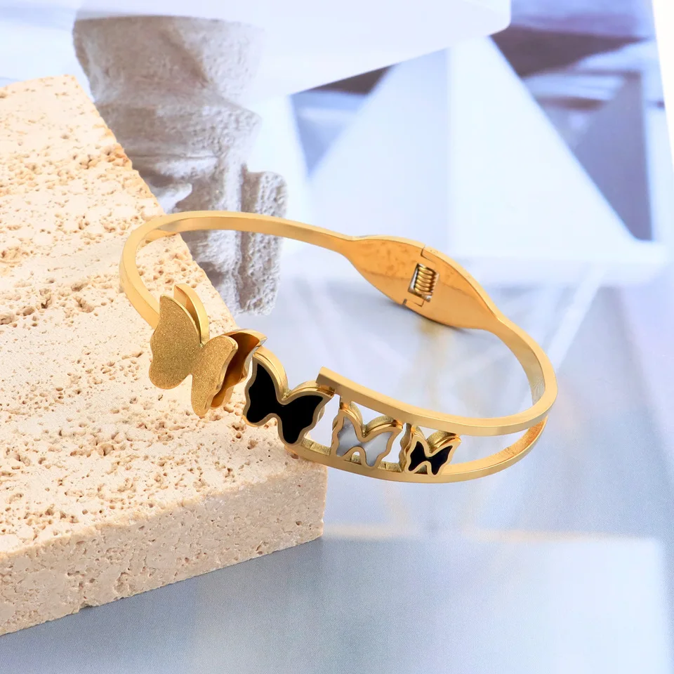 

18K Gold Plated Stainless Steel Cuff Bracelet Waterproof Opening Butterfly Bangle Bracelet for Women