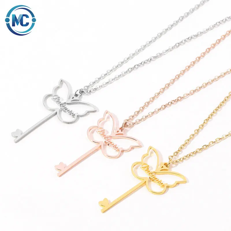 

2021 Custom Name Necklace Stainless Steel Name Pendent Necklace Butterfly Key Personalized Necklace