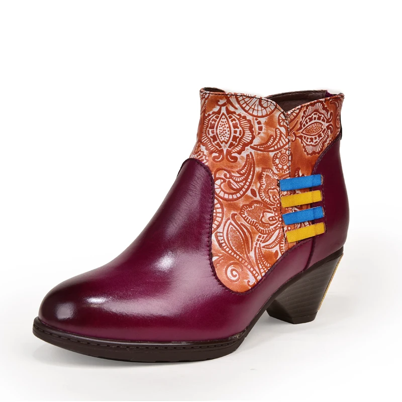 

Women Colorful Retro Ankle Boot National Totem Platform Genuine Leather Lady Winter Shoe